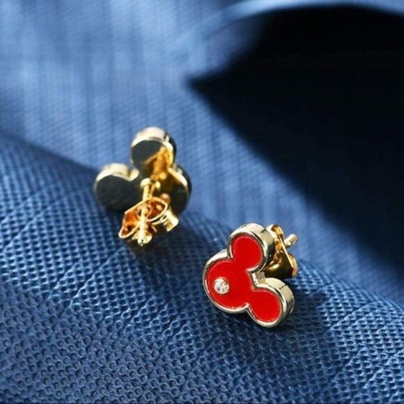 18K Yellow Gold and Diamond Cubic Zirconia Mickey Mouse Post Back Stud Earrings - Picture 4 of 7